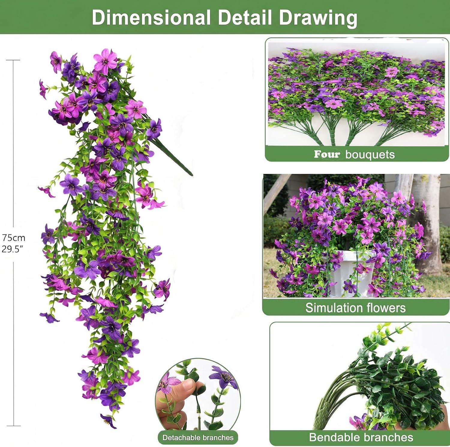 Condition photo showing As Is for artificial hanging flowers for outdoors, 4 pack fake hanging plant for spring summer decor, uv resistant faux silk flower for planter front door porch patio yard garden (double purple) 4 pack double purple