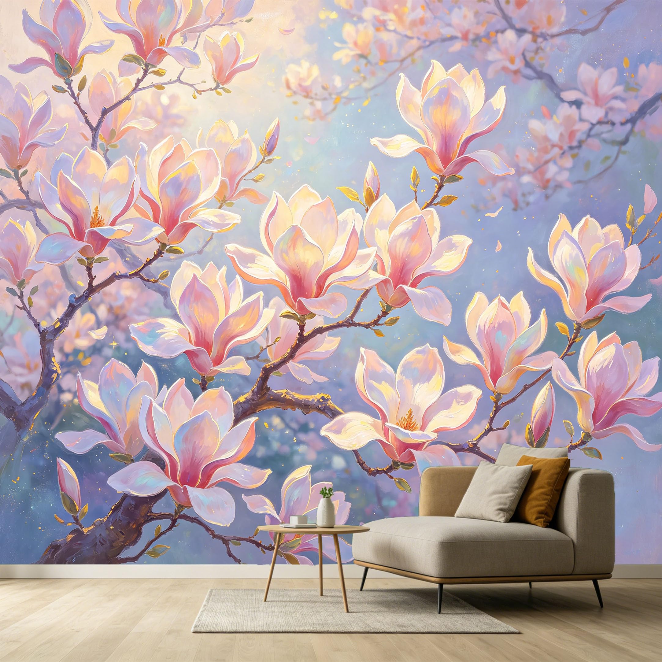 Custom Size Wall Murals Magnolia Botanical Watercolor Soft Pastel Flowers SelfAdhesive Wall Fabric Removable Large Wallpaper for Photo Living Room Interior Decor Wall Art