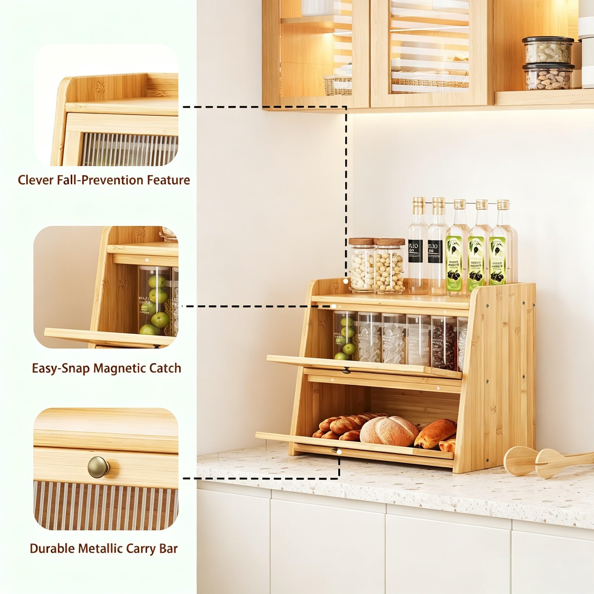 Panera grande de bambú de doble capa para encimera de cocina, contenedor de almacenamiento de pan de madera de gran capacidad con ventana para pan (bambú natural)