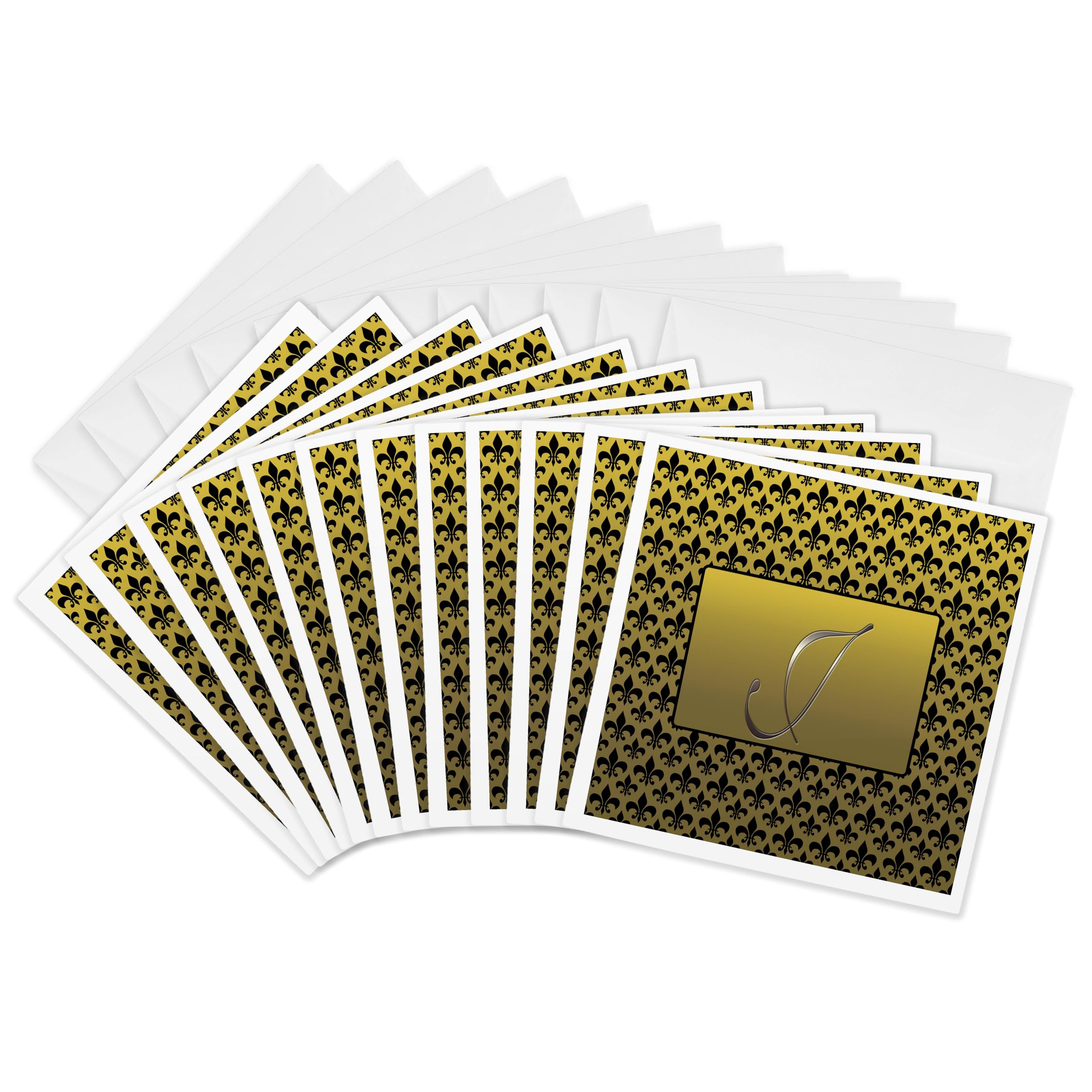 3Drose Elegant Letter J Embossed in Gold Frame Over a Black Fleur-De-Lis Pattern on a Gold Background - Greeting Cards, 6 by 6-inches, Set of 12 (gc_36088_2)