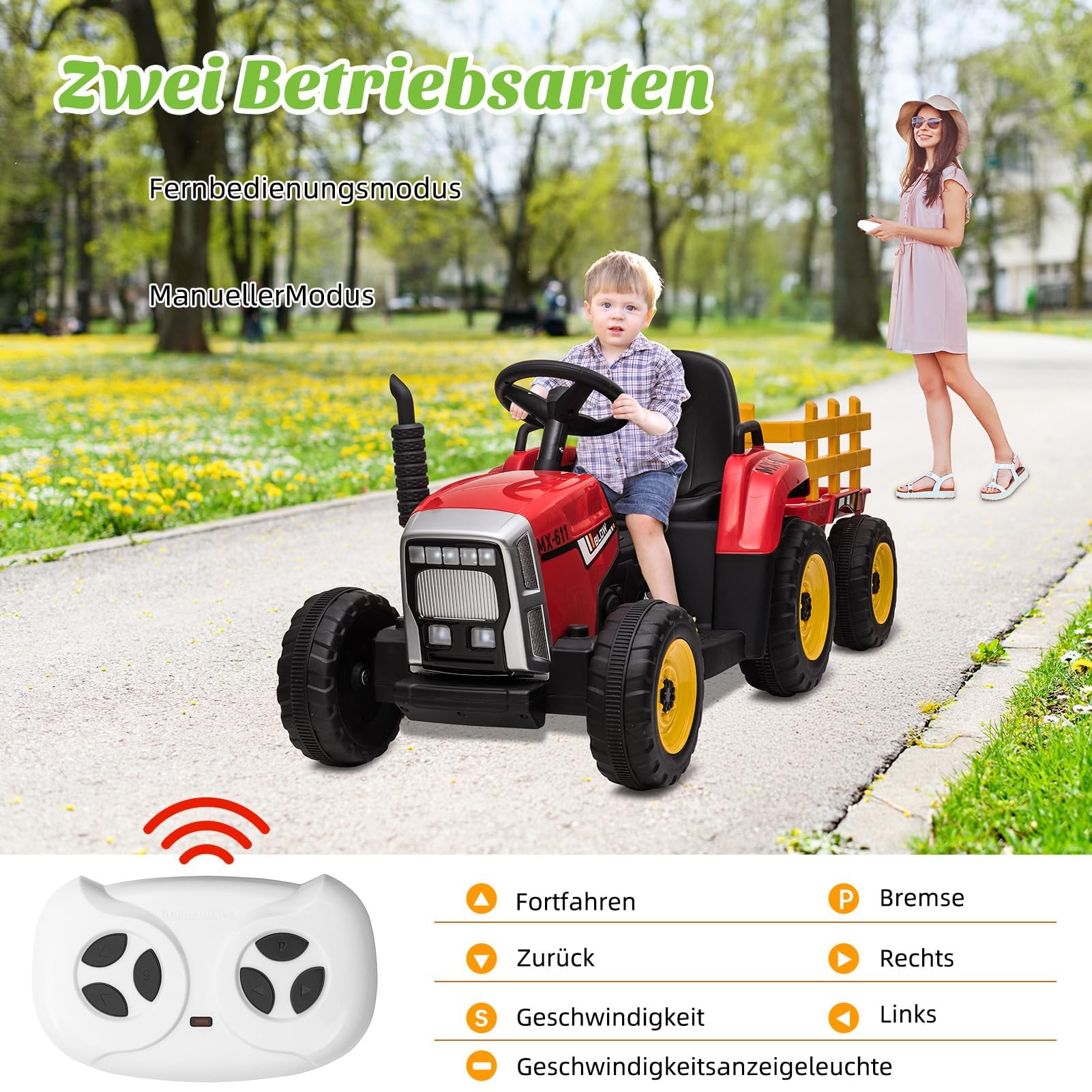 12V Tracteur électrique Enfants, avec Remorque Amovible, Voiture électrique Enfants pour 3 à 8 Ans, avec Télécommande, Musique & MP3, 3 Vitesses, Rouge