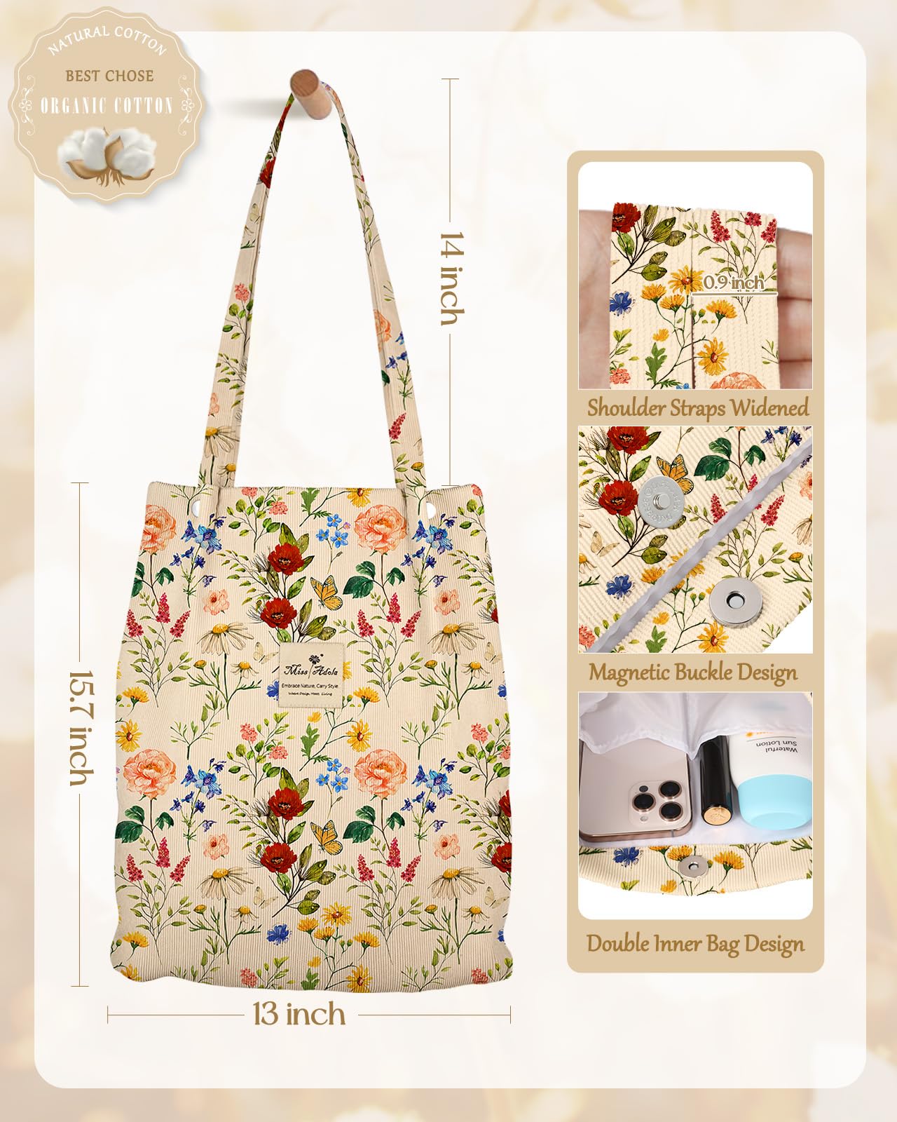 Miss Adola Aesthetic 2 Pack Corduroy Tote Bag - with Makeup Pouch Bag for Women Reusable Grocery Bag for Gym, Travel, Work