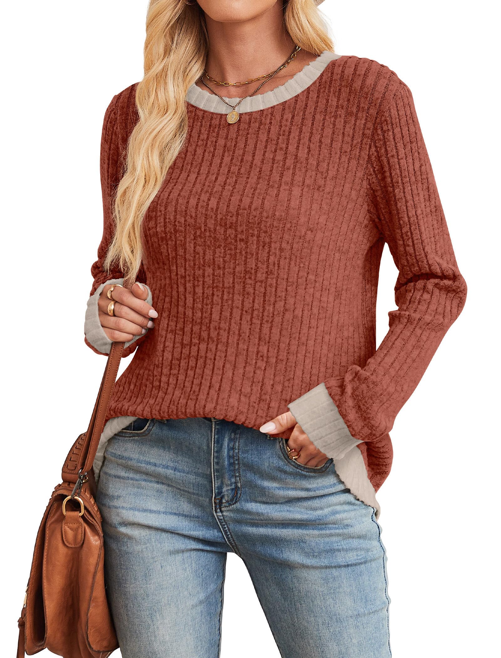 Sampeel Womens Tops Long Sleeve Shirts Lightweight Sweaters Loose Fit Crewneck Color Block Fall Fashion Outfits