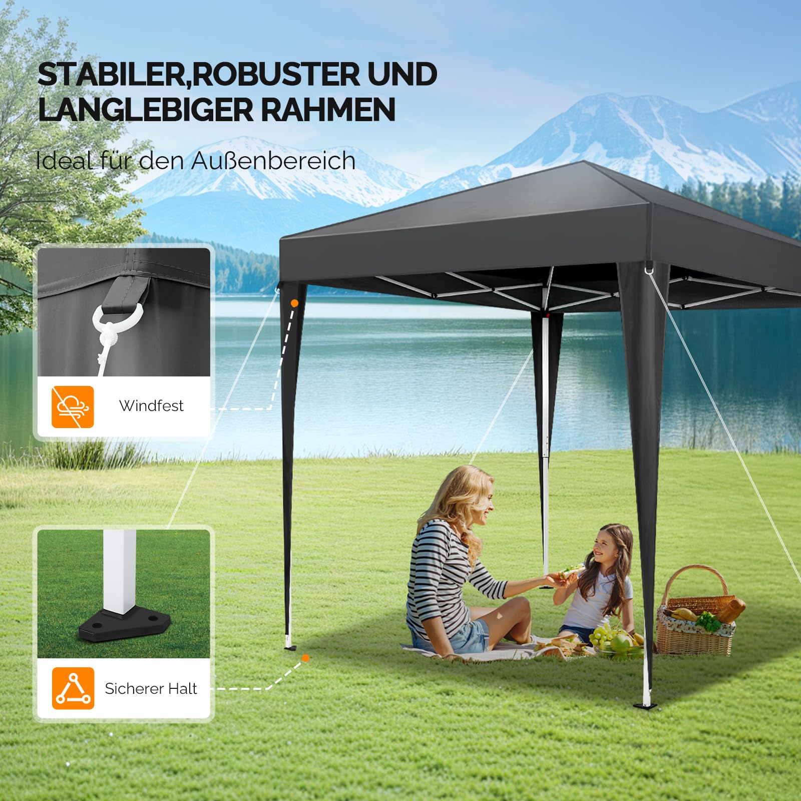 Bonnlo Pop-up Pavillon, Faltpavillon 2x2m, Höhenverstellbar, Wasserdicht Partyzelt mit 4 Seitenteilen, Gartenpavillon für Outdoor Hochzeit Garten Camping Party, Grau