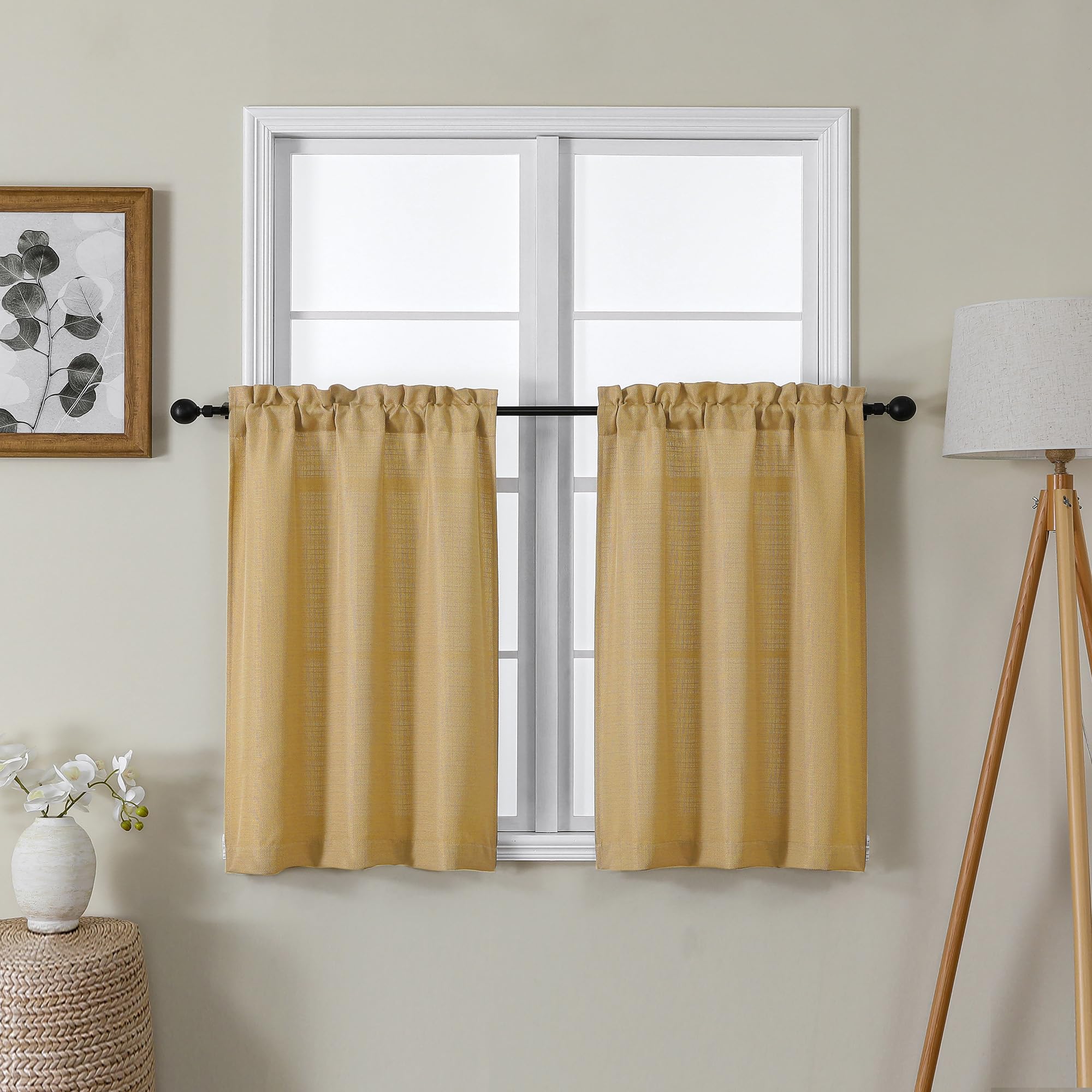 Lecloud Bessie Gold Kitchen Curtains 30 Inch Length 2 Pcs, Light Filtering Cafe Short Curtain Tiers, Dual Rod Pocket Window Treatments for Bedroom Basement Bathroom, Each 30 W x 30 L โ image 1
