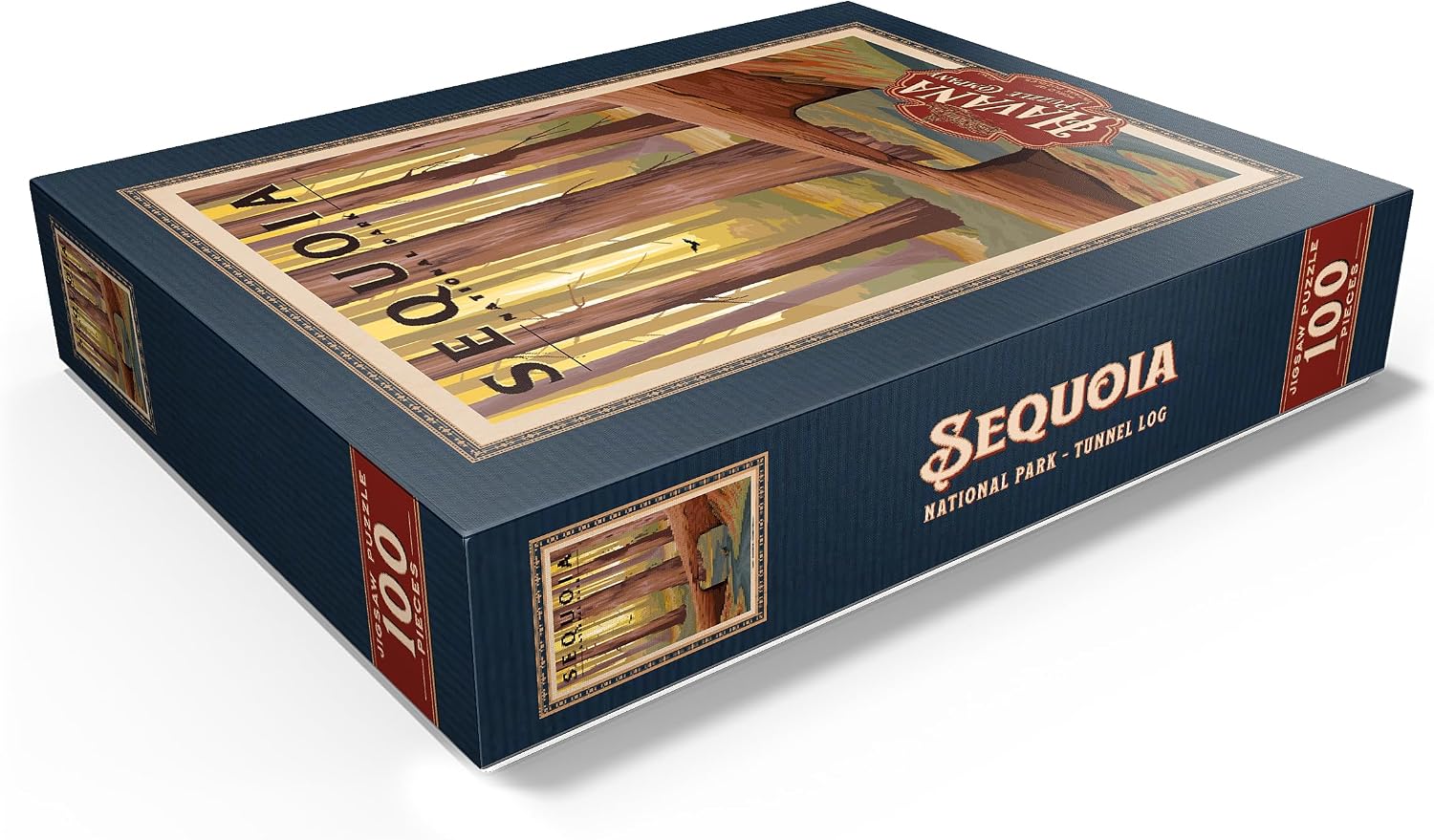 MyPuzzle Sequoia National Park - Tunnel Log, Vintage Travel Poster - Premium 100 Piece Jigsaw Puzzle for Adults