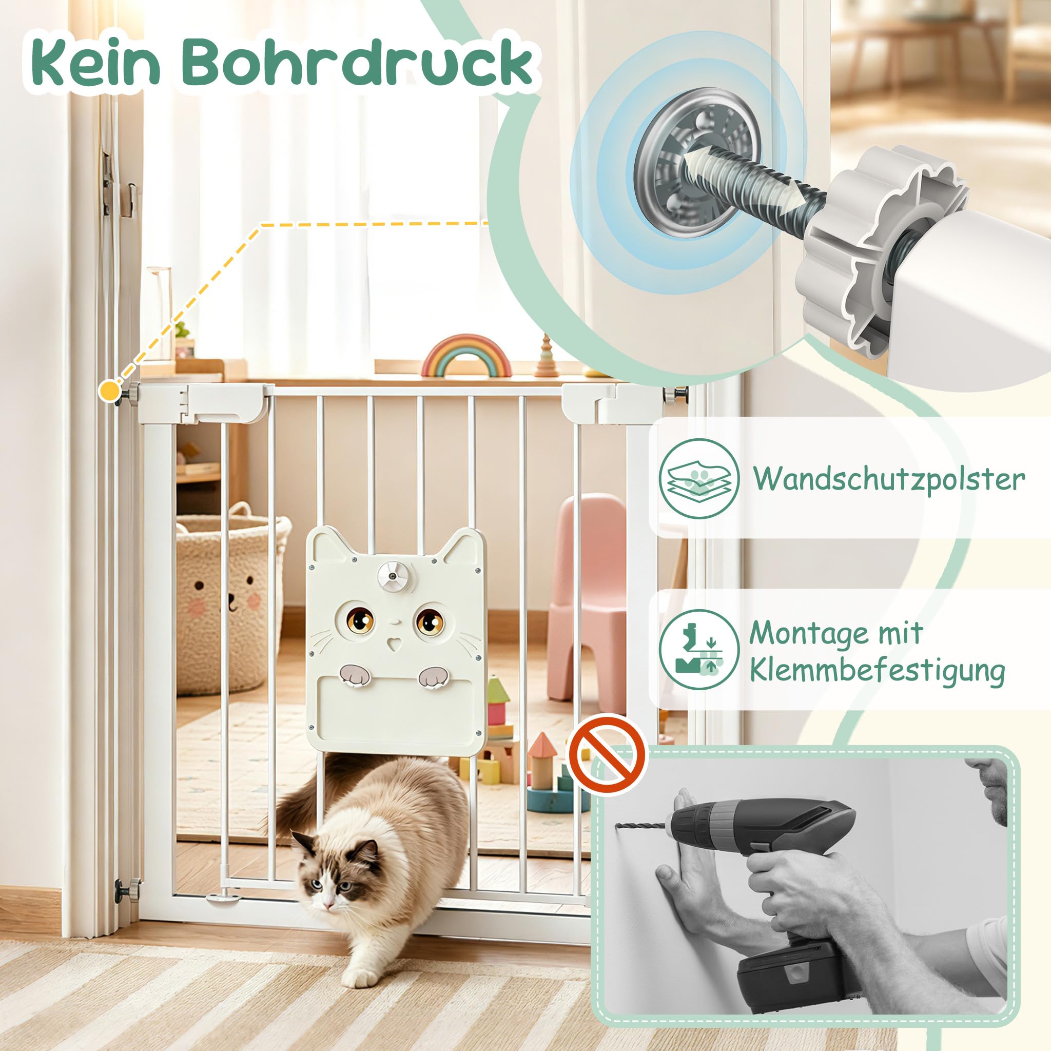 XMTECH Rejilla de protección para puerta con puerta para gatos, sin agujeros, color blanco, 85-95 cm | Cierre automático con parada de 90°, giro de 180°, doble cierre de seguridad, puerta de gato con bloqueo, metal grueso