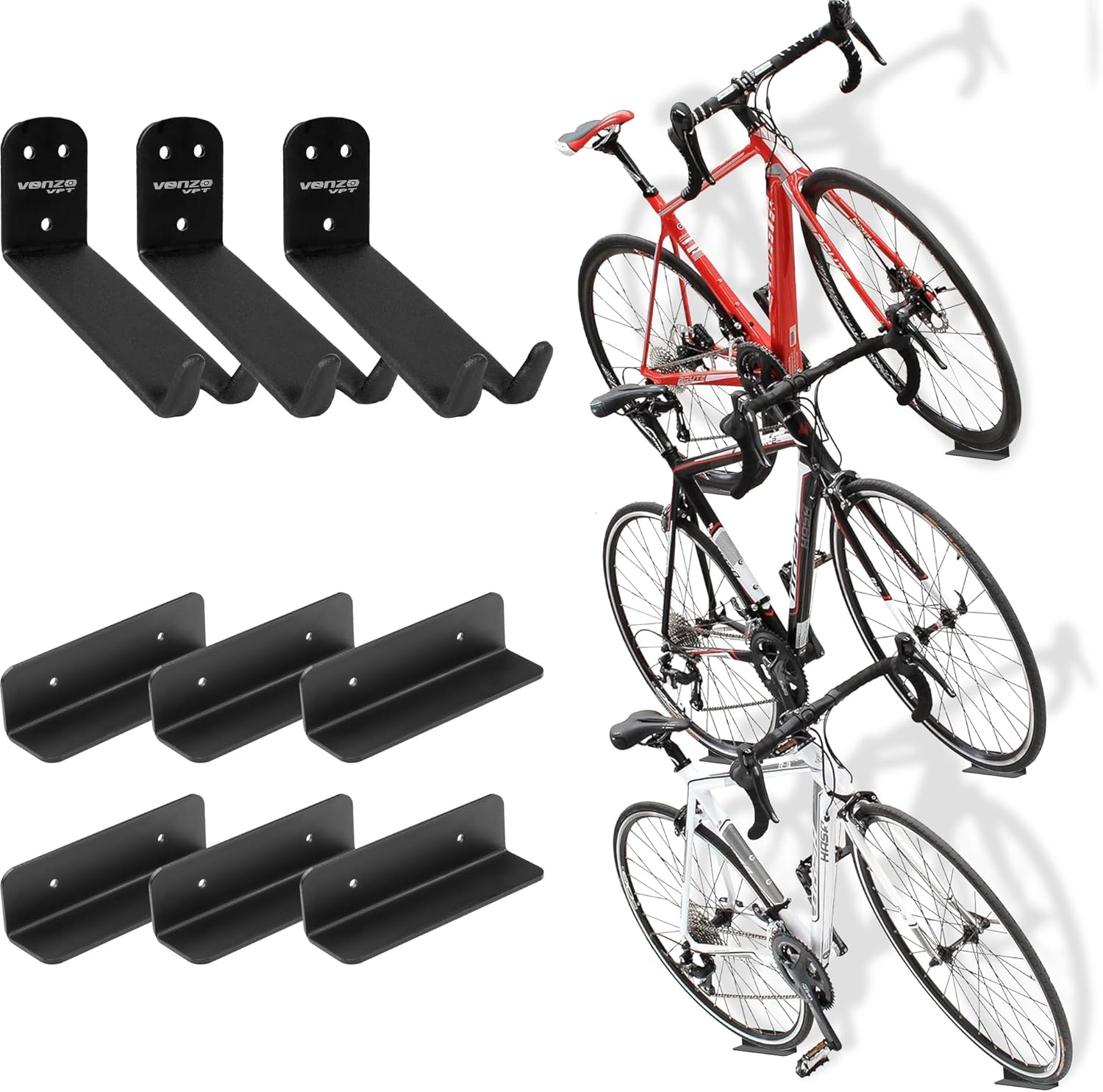 Venzo Bike Bicycle Cycling Pedal Wall Mount Indoor Storage Hanger Stand - Hook Rack Holder - with Tire Brackets - Great for Garage and Shed (3)