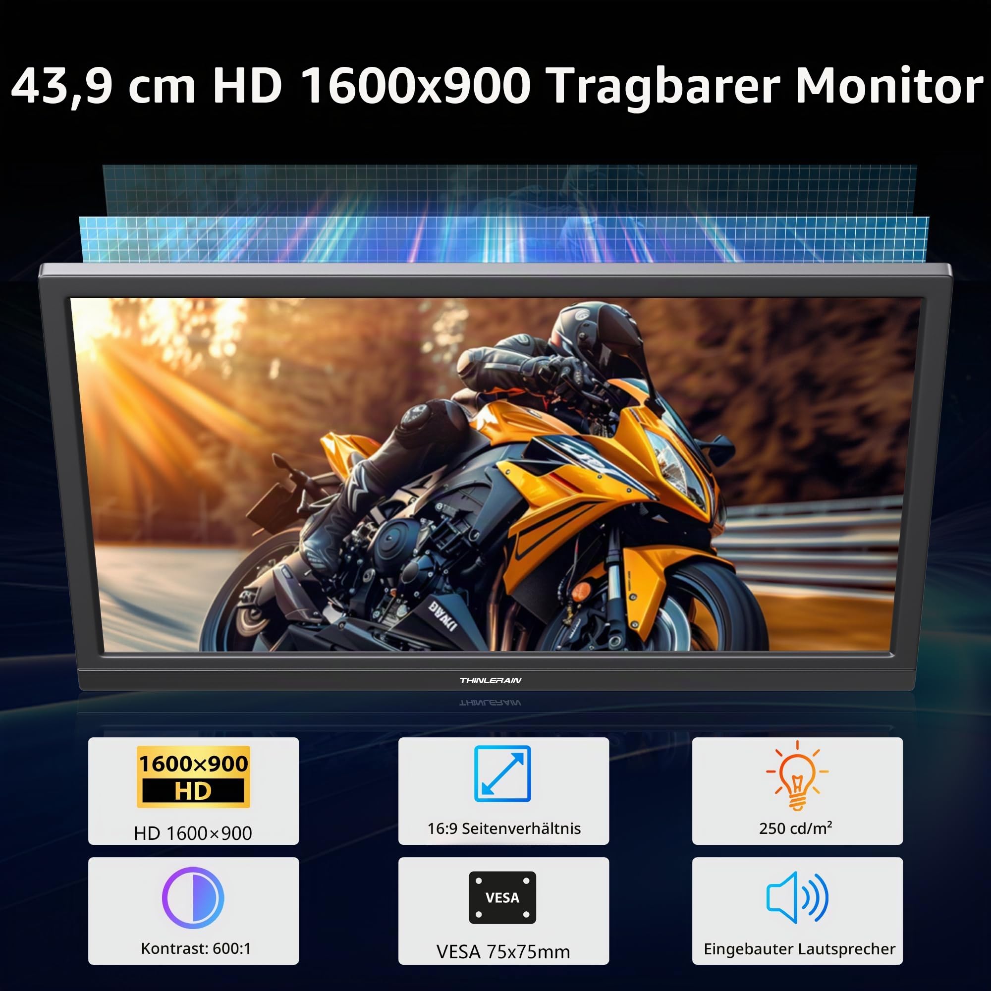 Thinlerian 17,3 Zoll Tragbar Monitor, 1600 x 900 HD Bildschirm mit USB-C und HDMI, Zwei Lautsprechern, als externes Display oder zweiter Bildschirm für Laptop, PC und Smartphone