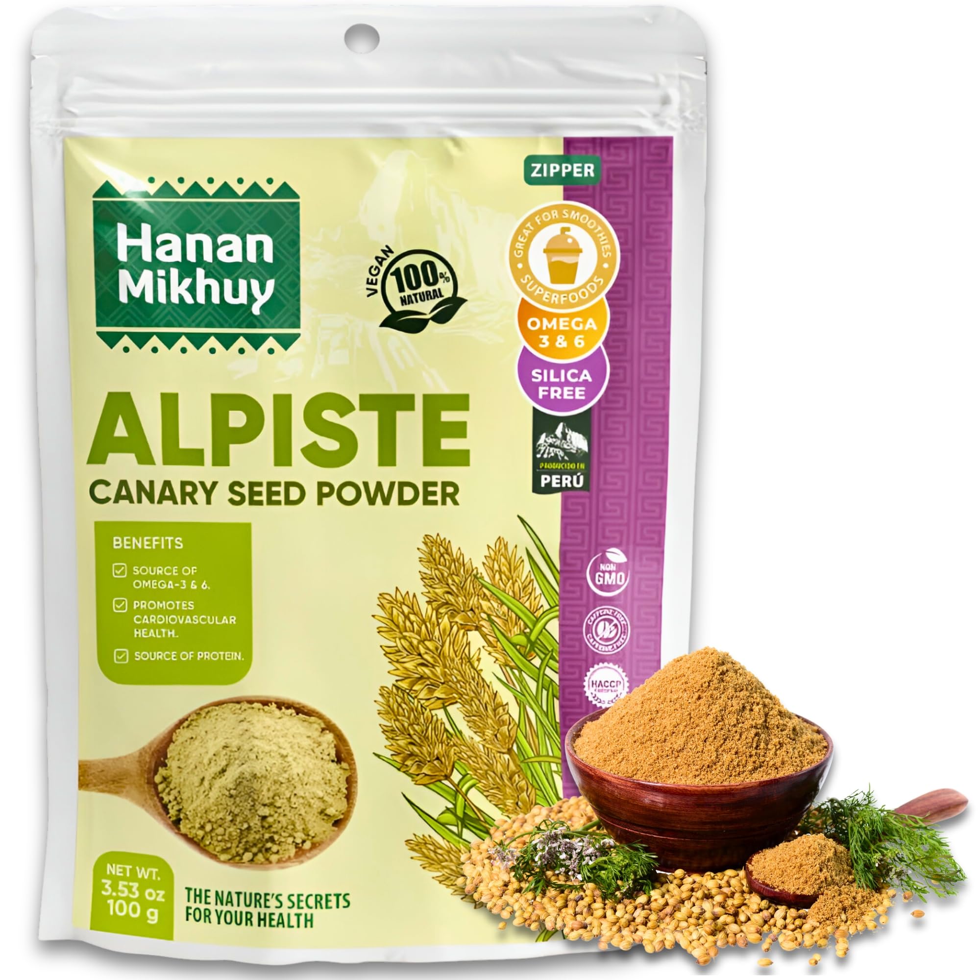 HANAN MIKHUY Alpiste 100g - 100% Natural Canary Seed Powder for Protein, Omega-3 & Digestive Wellness, Vegan, Non-GMO, Gluten-Free, Keto Canary Food from Peru (3.53oz)