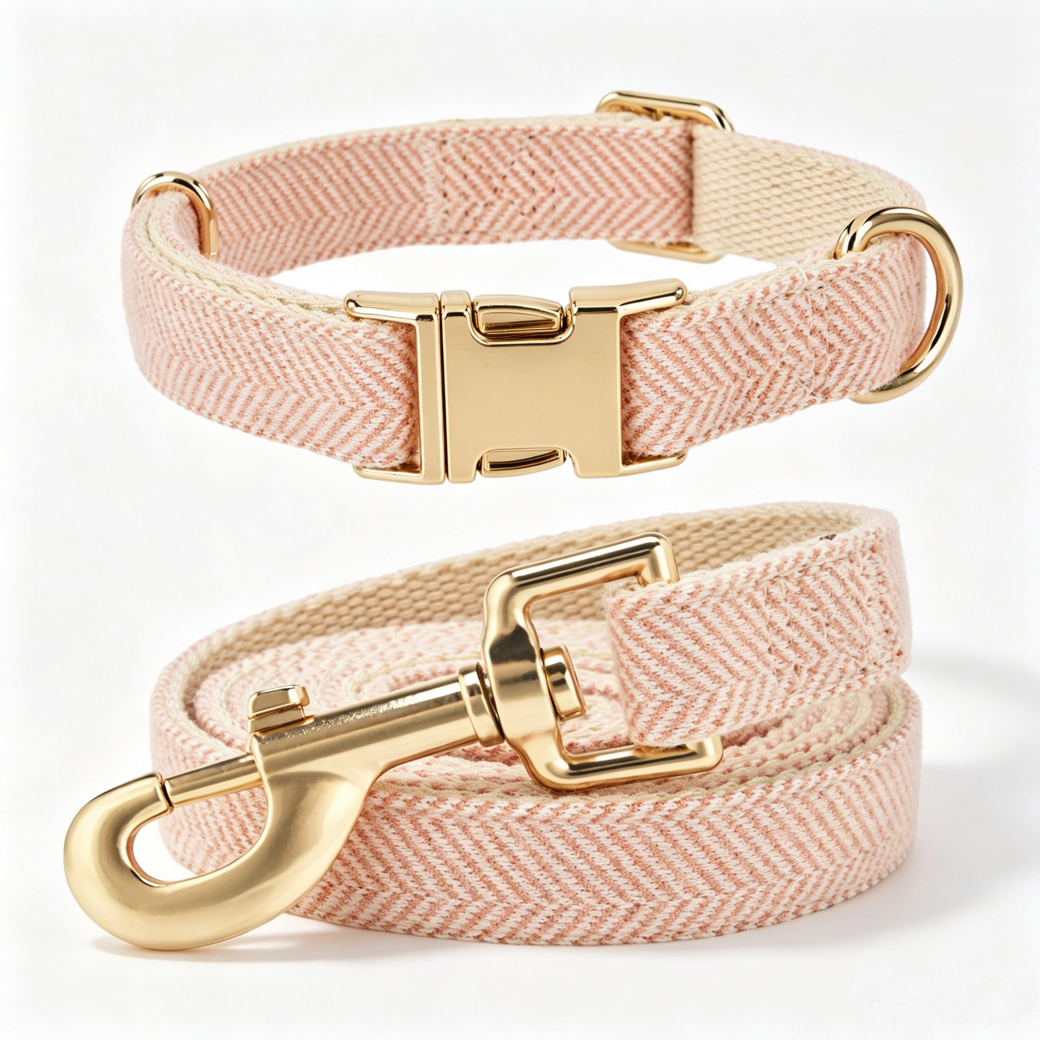 YUDOTE LT Orange Herringbone Dog Collar & Lead Set Gold Hardware S