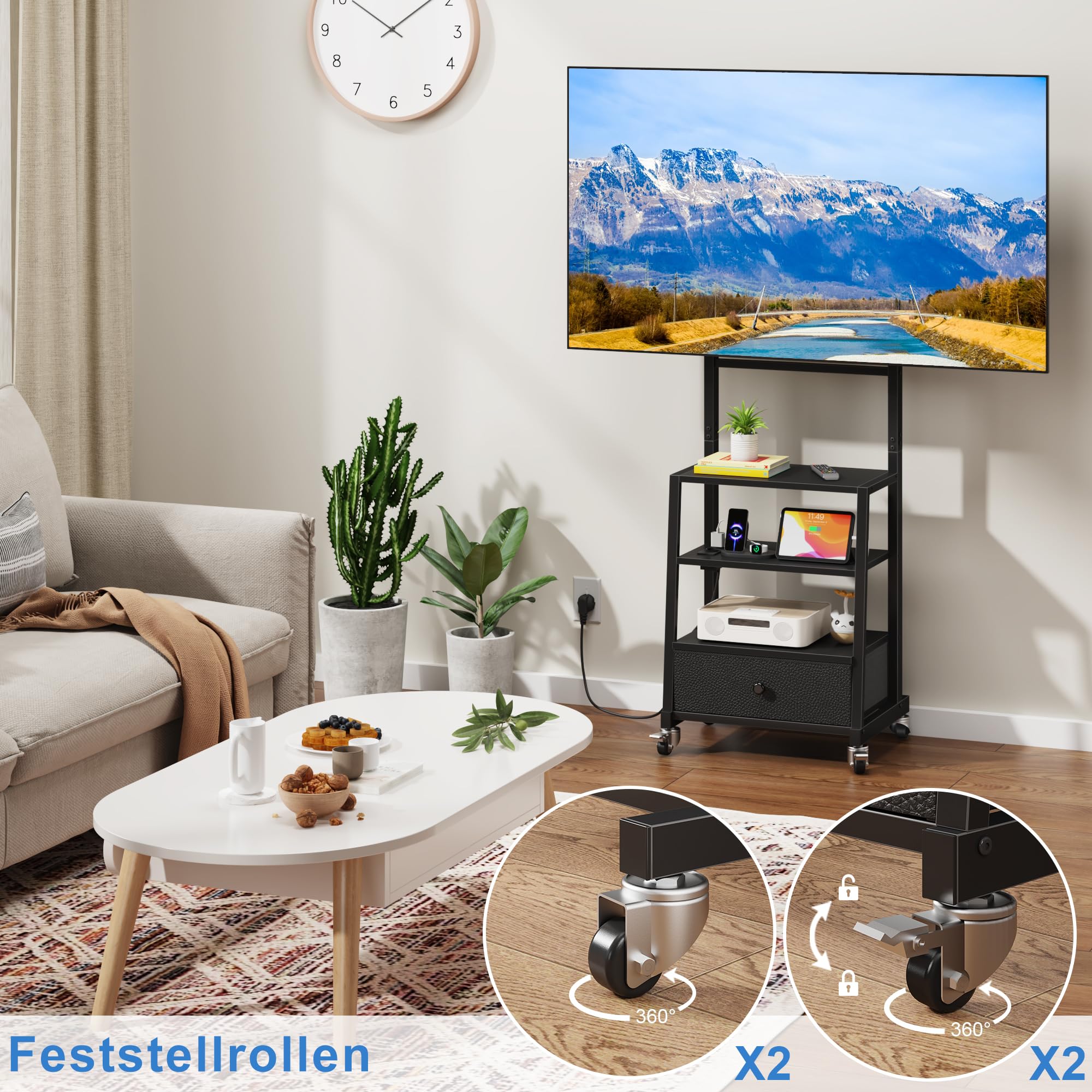 rollbarer TV-Ständer mit Halterung und Steckdosen, Schwarz | Integrierte Ladestation, höhenverstellbar, 4 Rollen, Stoffschublade, kratzfest, leicht zu reinigen
