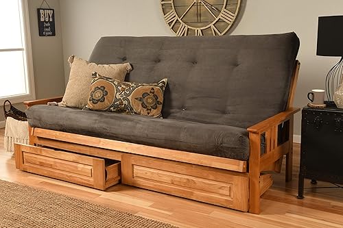 Kodiak Furniture Monterey - Futón tamaño Queen, cajones de almacenamiento, acabado de nuez con colchón gris de gamuza Colchón gris ante,Colchón de