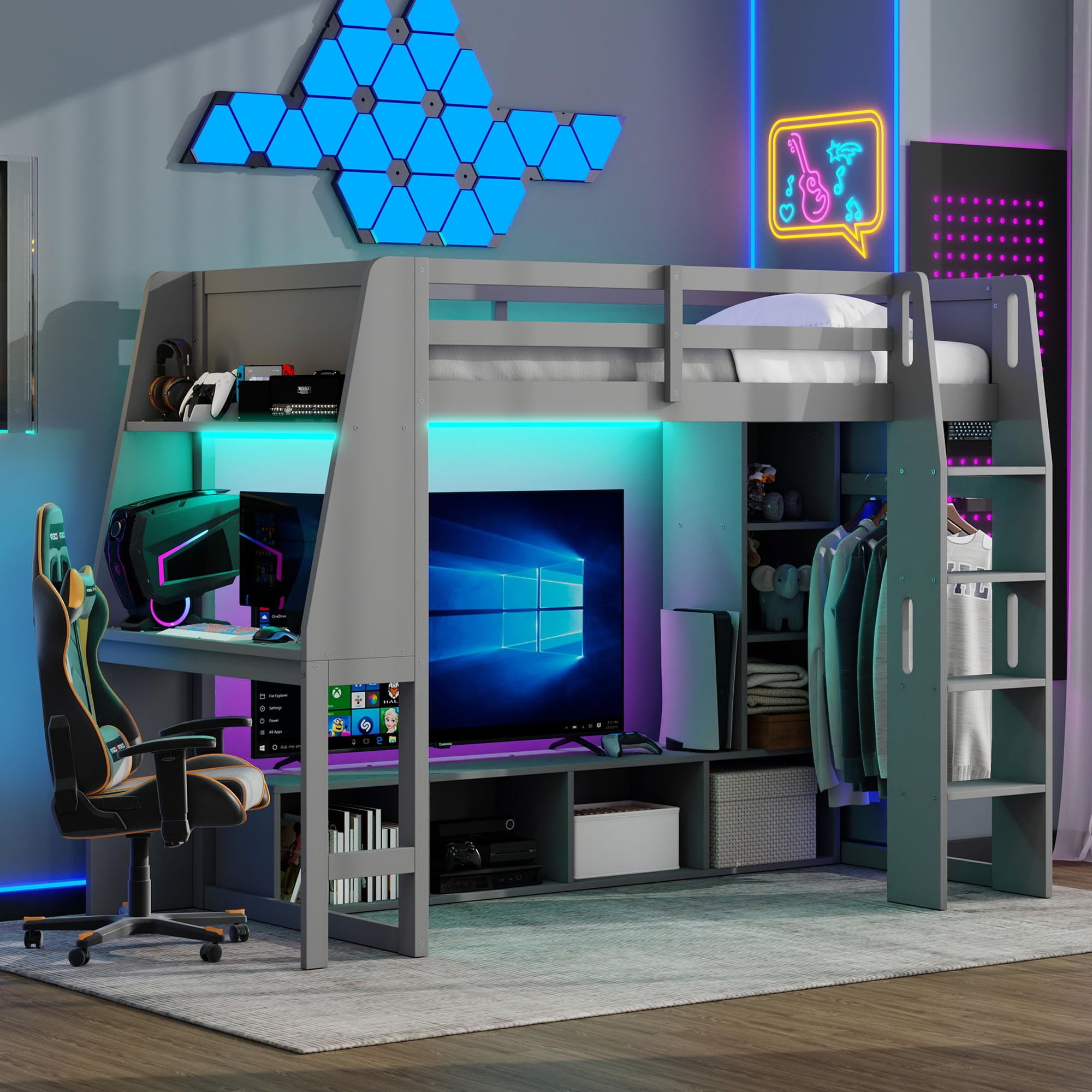 SOFTSEA Gaming Loft Bed with Desk & LED Lights for Kids & Teens, Space-Saving Bed with Safety Guardrail, Grey
SOFTSEA Tw