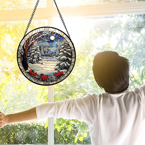 Miniatura 3 de Colgador de vidrieras para colgar en la ventana, escena de nieve de invierno, panel de cristal, árbol de montañas, decoración para cumpleaños para
