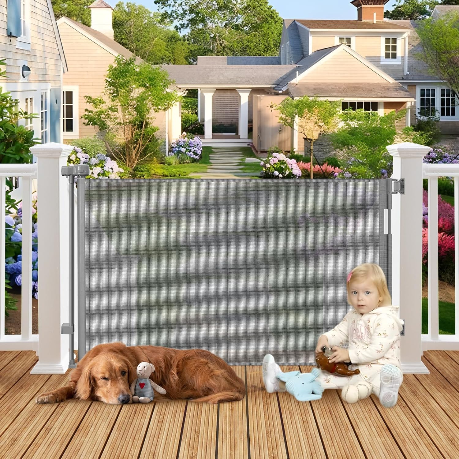 100" Wide Weatherproof Outdoor Retractable Dog Gate with No Rust Screws and Rods, Waterproof 8 Ft Retractable Baby Gates Extra Wide, Scratch-Resistant