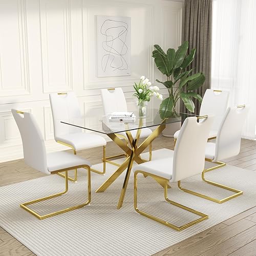 Miniatura 20 de Juego de mesa de comedor de vidrio de 51.18 pulgadas de ancho para 4, mesa de cocina rectangular moderna de vidrio con patas de metal dorado, 4 Mesa