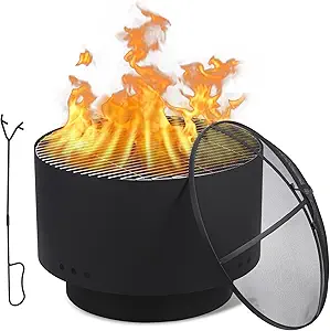 Garvee 26 Inch Smokeless Fire Pit, Fire Pits for Outside Wood Burning with Fire Poker, Mesh Lid, Cooking Grate, Cover, Portable Patio Bonfire Pit for Outside BBQ, Yard, Garden, Camping