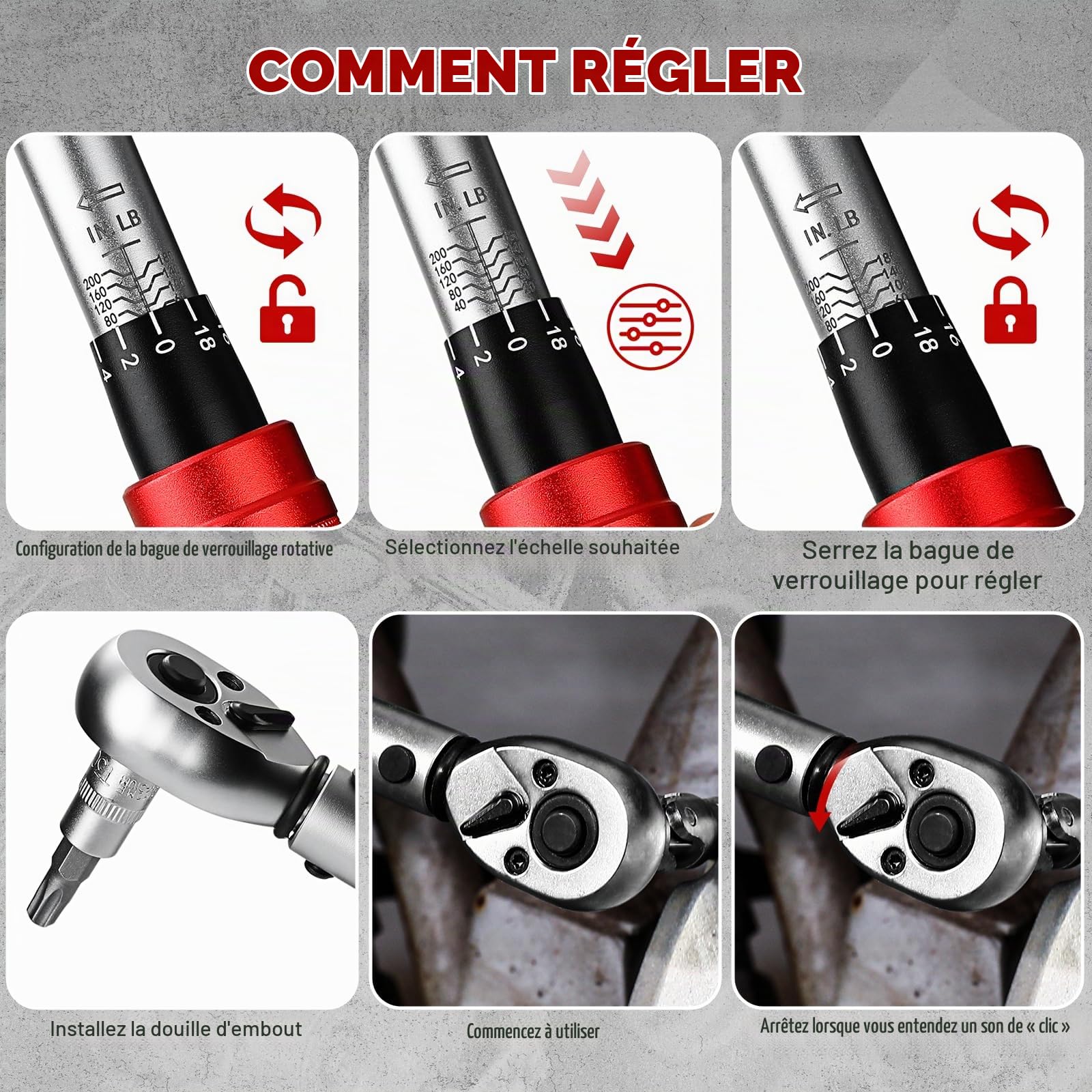 DEKOPRO Clé dynamométrique 1/4" 200 lb-in Clés Dynamométriques 72 Dents ±3%, 3/8" Adaptateur, Joint Universel et Ensemble Complet d'Accessoires
