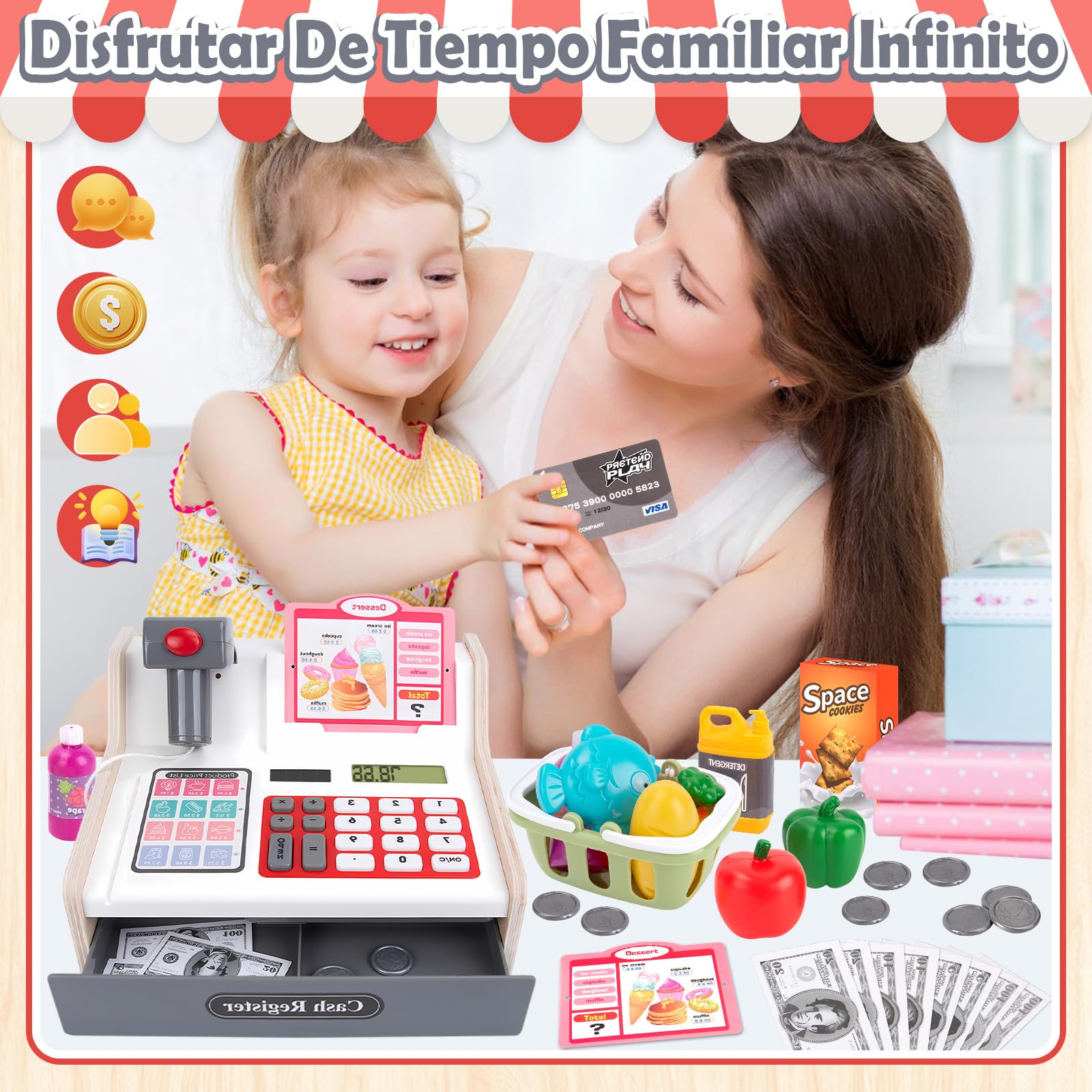 JONRRYIN Caja Registradora Juguetes para Niños, Máquina Registradora Juguete con Escáner Calculadora Comida Dinero, Supermercado Juguete Regalo para Pequeña 3 4 5 6 7 Años (Blanco)