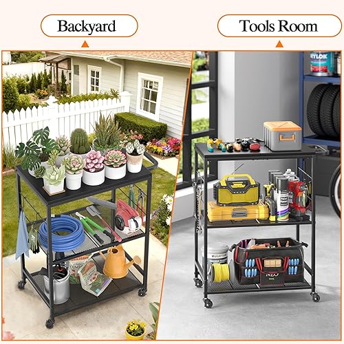 Miniatura 6 de Carritos de parrilla para exteriores, carrito de mesa rodante de 3 niveles para preparación de alimentos, con mesa de acero inoxidable de 23.62