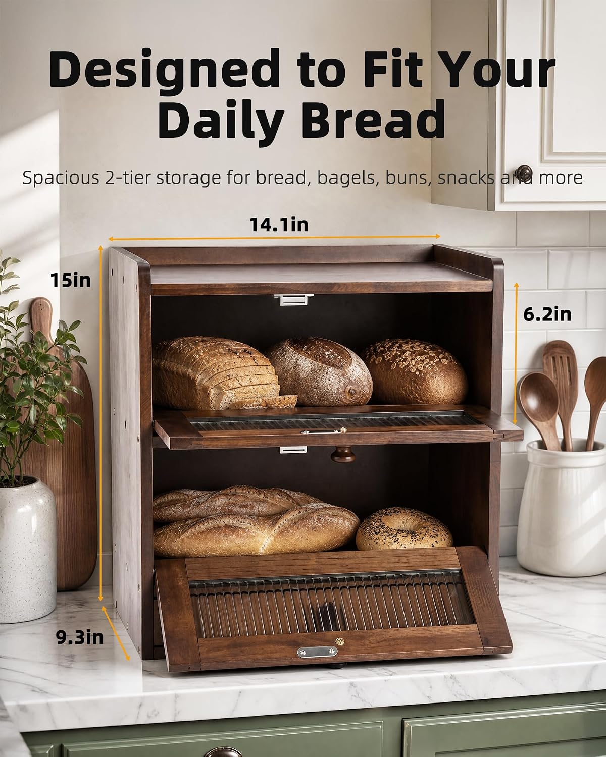 Wooden Bread Storage Box For Kitchen Countertops, Double-Layered Large-Capacity Bread Box With Acrylic Viewing Window And Cutlery Storage Box-Natual wood color