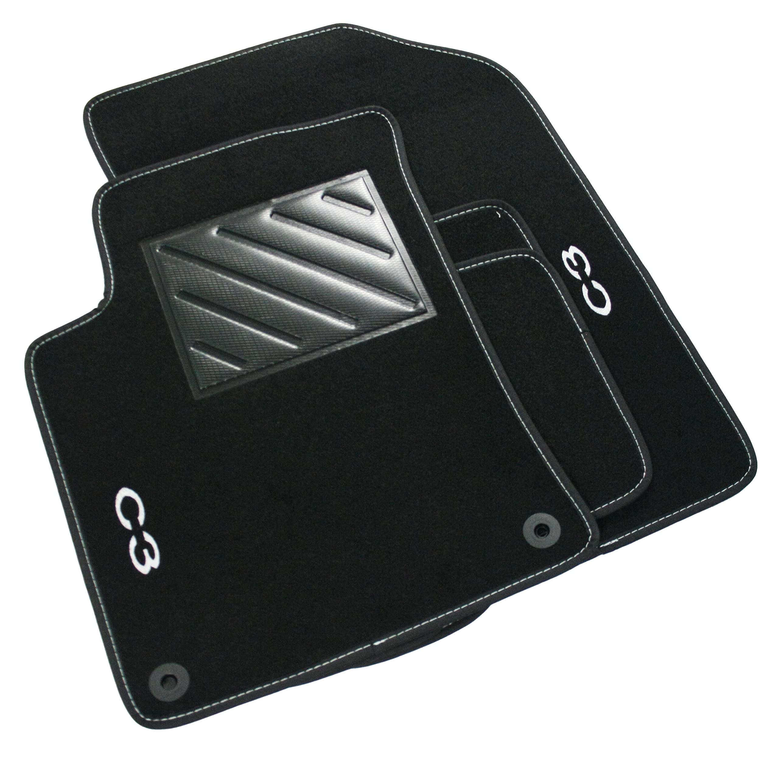 Tappetini compatibili per C3 serie 2 dal 2009 al 2016 con logo ricamato e battitacco (2 ricami) - Tappetini Auto - Dp Carpet - Nero - 4 pezzi - Moquette in Agugliato 100% Polipropene