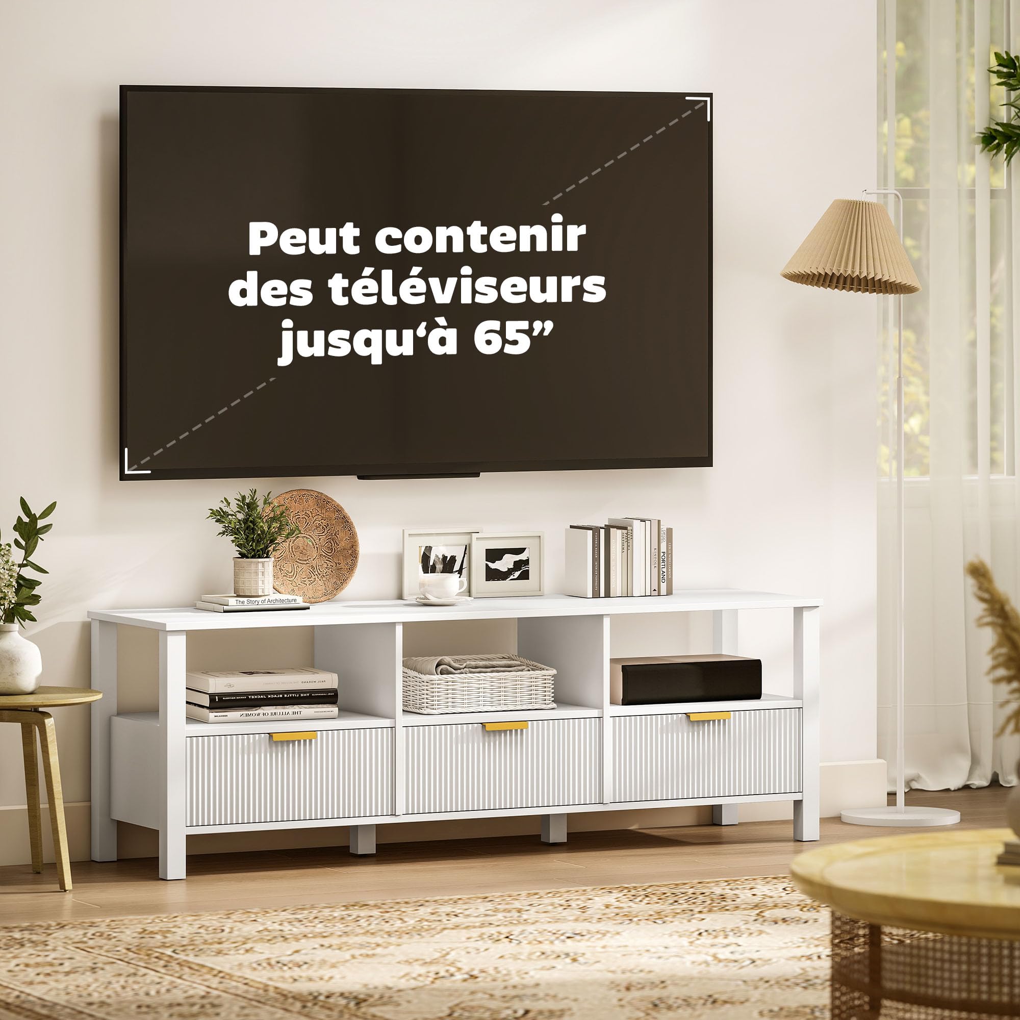 HOMCOM Meuble TV 152 cm, Meuble télé pour téléviseur jusqu'à 65 Pouces avec 3 tiroirs cannelés et 3 étagères Ouvertes, Banc TV Moderne pour Salon, Chambre à Coucher, Blanc