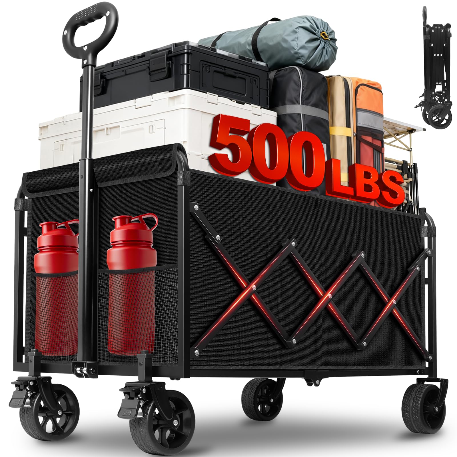 Collapsible Wagons Carts Foldable Wagon, 500LBS Wagon Cart Foldable Heavy Duty with Brakes & All-Terrain Wheels, Large Collapsible Folding Wagons for