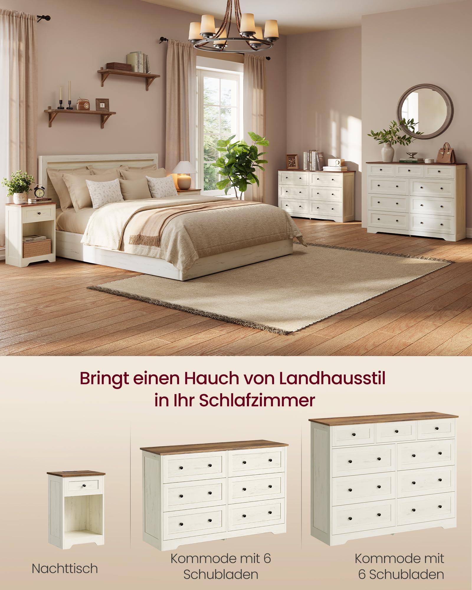 VASAGLE Kommode mit 6 Schubladen, Aufbewahrungsschrank aus Holzspanplatte und MDF, 120 x 40 x 78 cm, Weiß, Landhausstil, für Schlafzimmer, Flur, Siren Kollektion LTS663WJ01