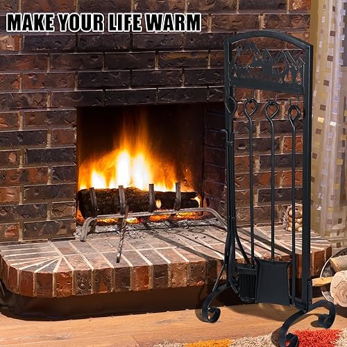 Miniatura 5 de Juego de 5 herramientas para chimenea de oso, juego de chimenea de hierro con asa, herramientas de chimenea, incluye cepillo de póquer chapado en