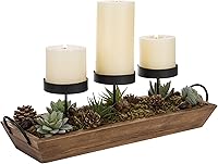 Vista 1 de MyGift Soporte para velas de metal negro de 3 pilares con bandeja de madera rústica y asas, pieza central para mesa/chimenea