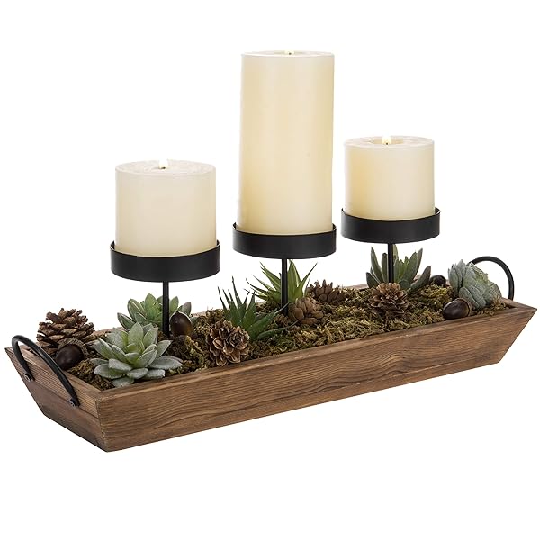 Rustic Wood Tray with Candle Holders