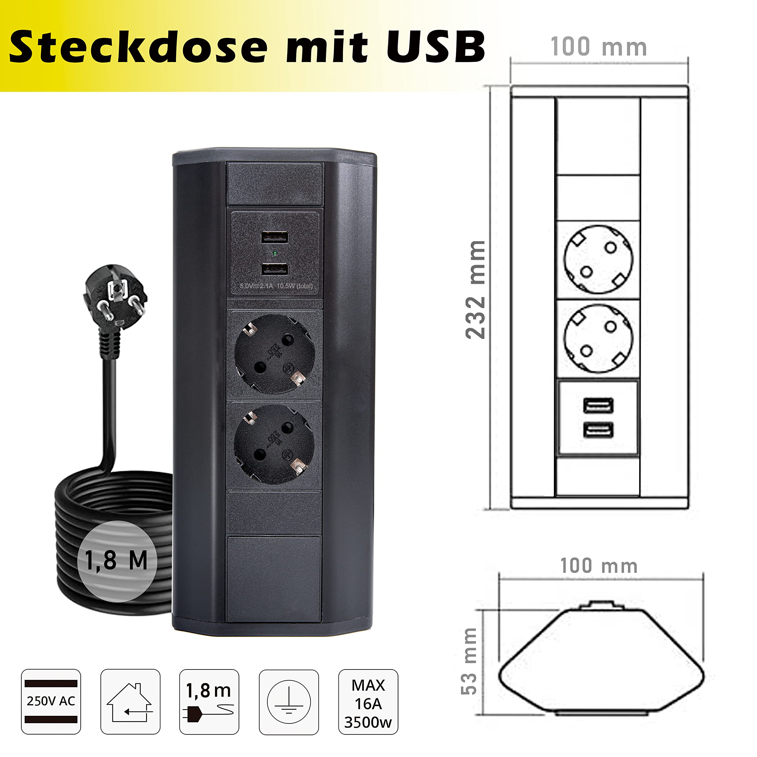 Premium hoekstopcontact voor keuken, kantoor, van aluminium, 2-voudige Schuko-stekker, 1 x USB-C, 1 x USB-A, zwart. Meervoudige stekkerdoos met 1,8 m Schuko kabel. stekkerdoos ideaal voor werkblad