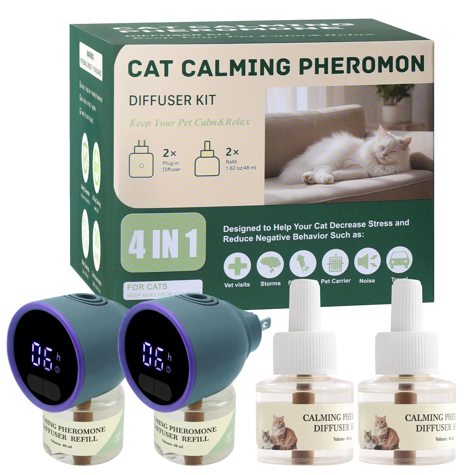 Smart 4-in-1 Cat Pheromones Calming Diffuser Kit with Four Timed Timer, 60 Days Effectively Anti Anxiety Relief Stress Cat Pheromones Calming Refills (2 Diffuser + 2 Refills)