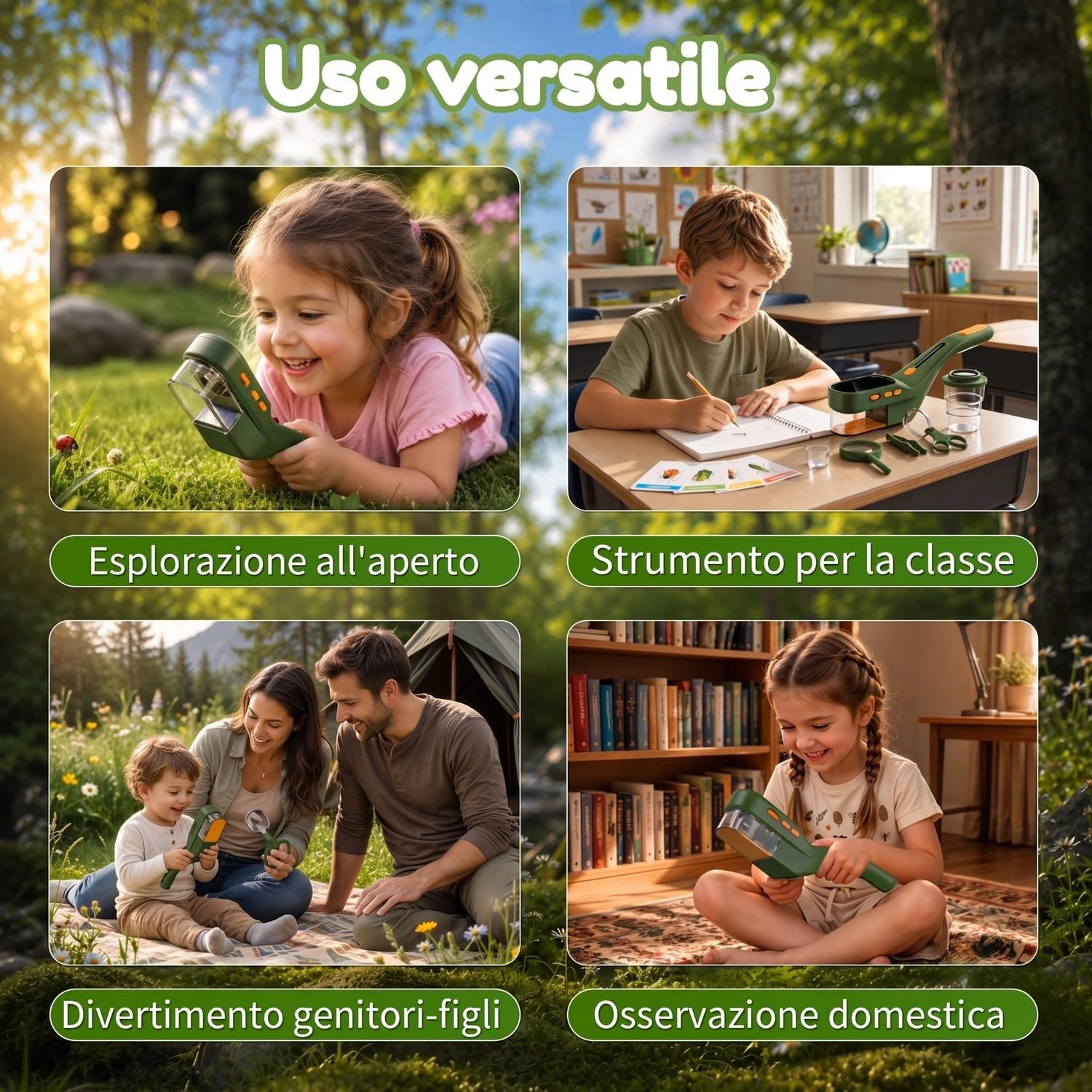 Cattura Insetti Bambini, Microscopio 500X IPS 2,4" 1080P STEM | 4 livelli di luminosità, batteria da 1000 mAh, foto e video, giocattolo di ricerca all'aperto, regalo per bambini dai 3 anni