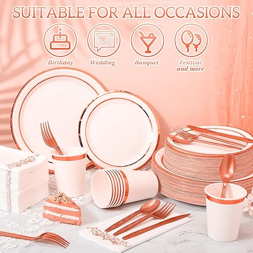 Miniatura 4 de Sieral Juego de vajilla desechable de 700 piezas, 200 platos de papel, 100 vasos con borde, 100 servilletas, 300 cubiertos de plástico para bodas y