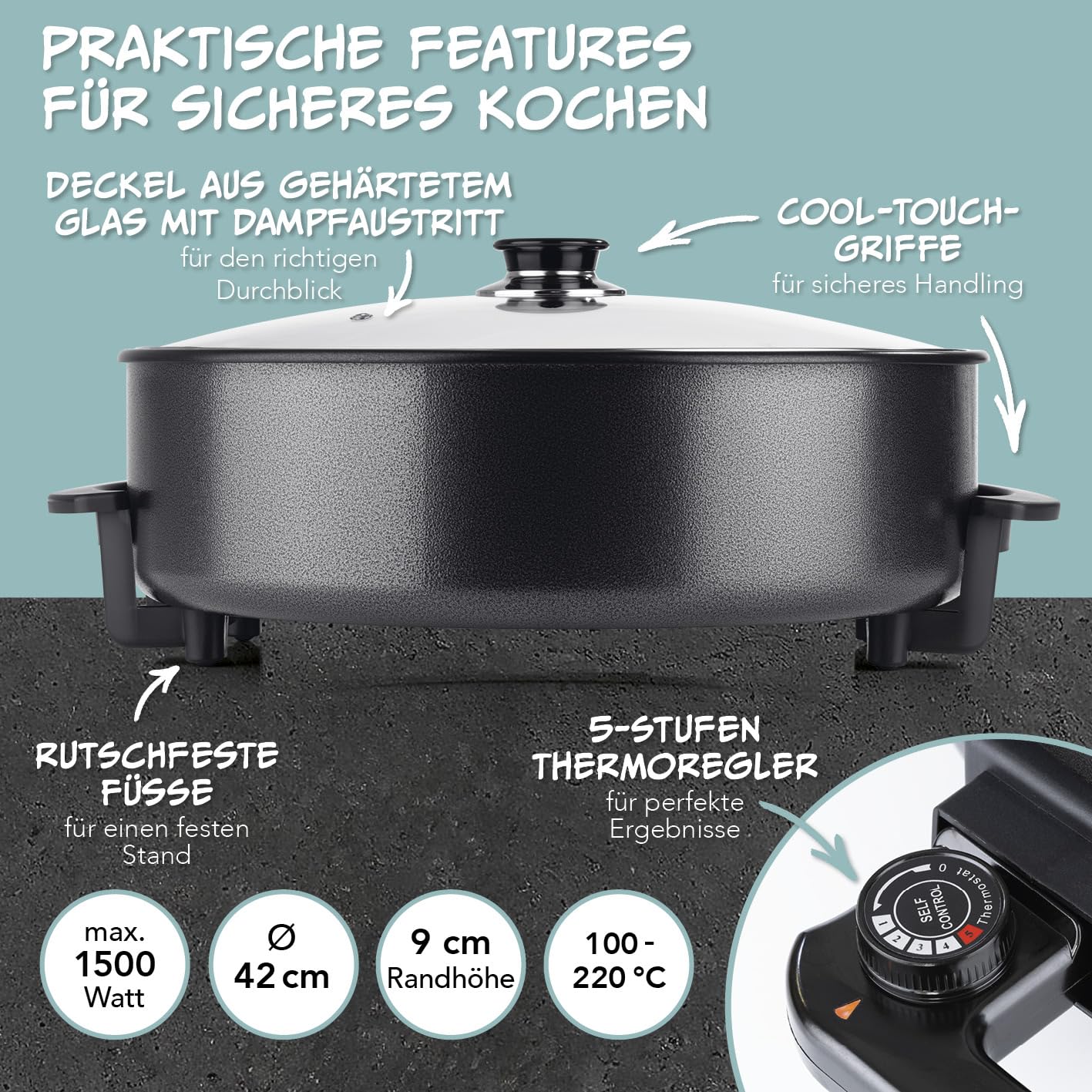 GOURMETmaxx elektrische Pizza-Pfanne mit Thermostat, Glasdeckel & Antihaftbeschichtung | Multifunktionspfanne mit ⌀ 42 cm Durchmesser & 1500 Watt | Pizza Pan - ideal für Partys