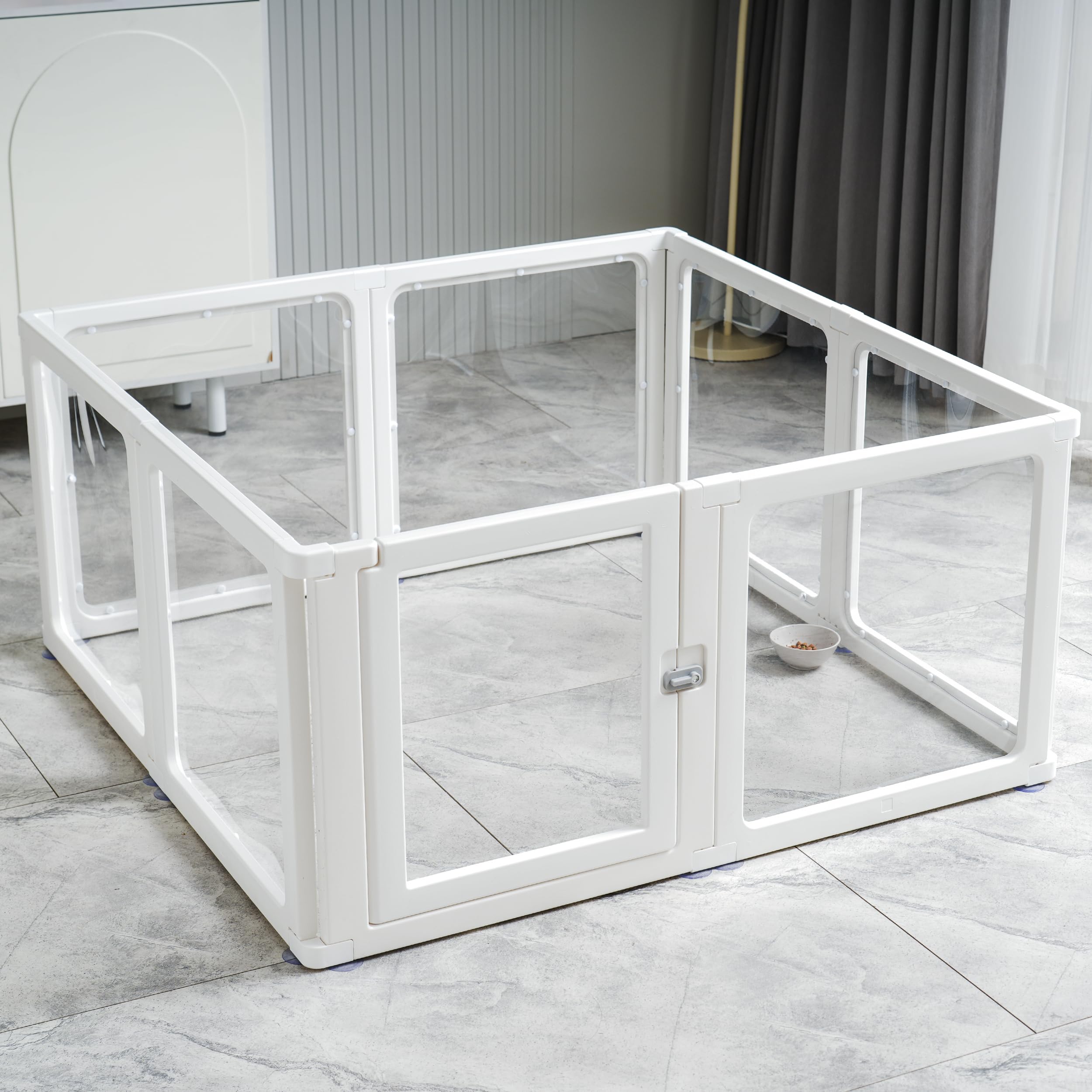 8 Welpenlaufstall Faltbar mit abschließbarer Tür, 120X120X60cm hoch, Welpenauslauf Indoor Transparent, Laufstall Hund für Katzen, Hunde, Kaninchen und kleintiere, rutschfest, weiß