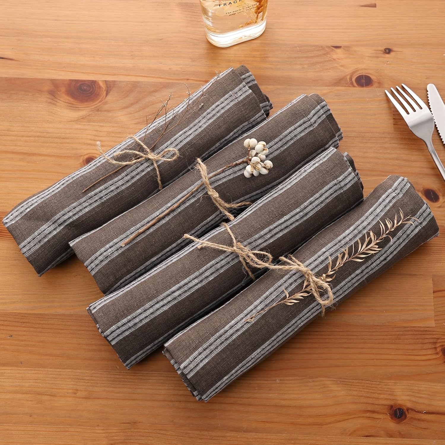 Linen Striped Cloth Napkins 20 x 20 Inch - 100% Natural Linen Dinner Napkins Set of 4 Reusable and Washable for Everyday Dining Decor Holiday,Coffee Ash White