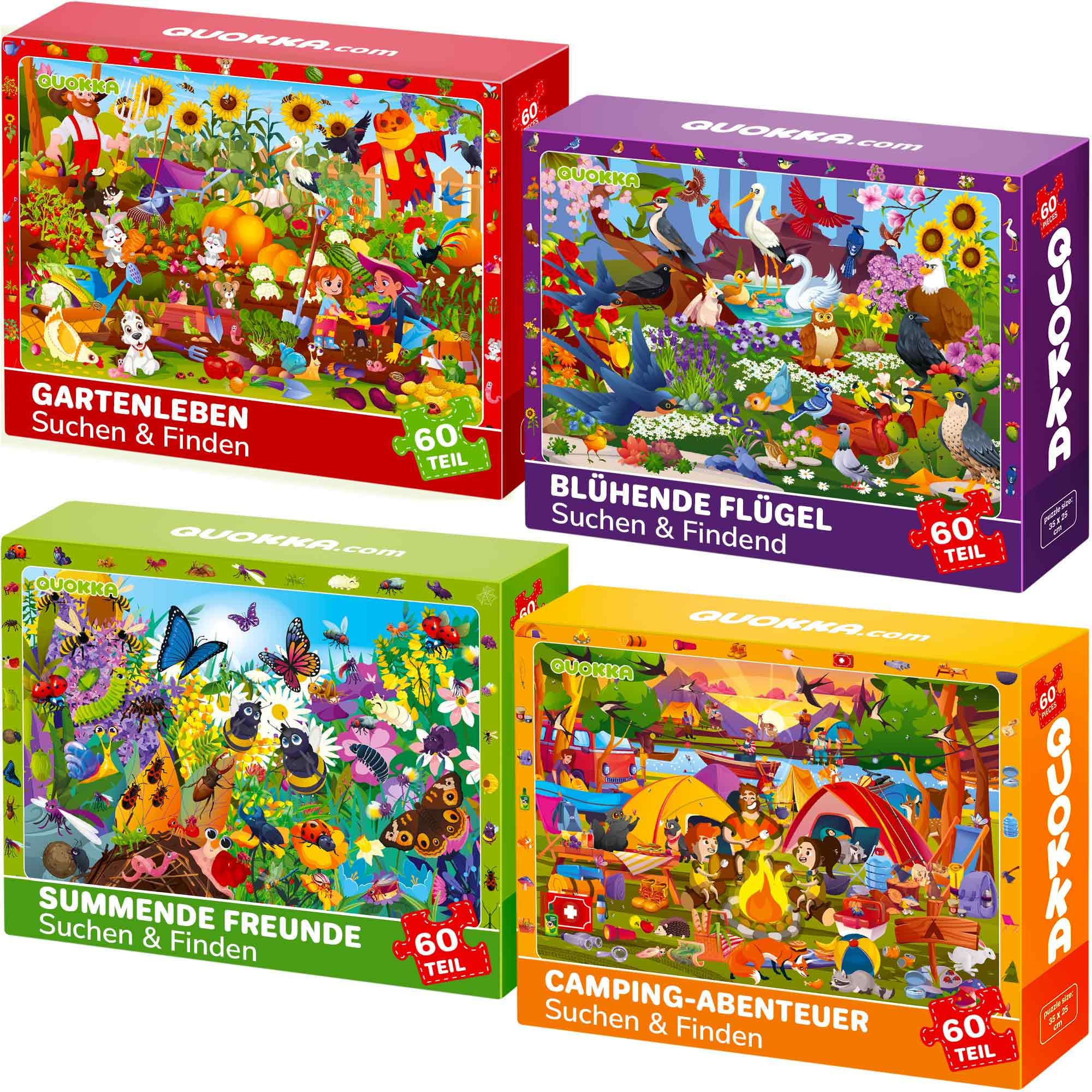 QUOKKA Puzzle ab 4 5 Für Kinder - 4x60 Teile Rahmenpuzzle ab 5 6 Jungen und Mädchen - Suchen & Finden Kinderpuzzles ab 6 7 Jahren - Puzzle Spiele Vögel, Camping, Garten und Käfer - Geschenk Spielzeug