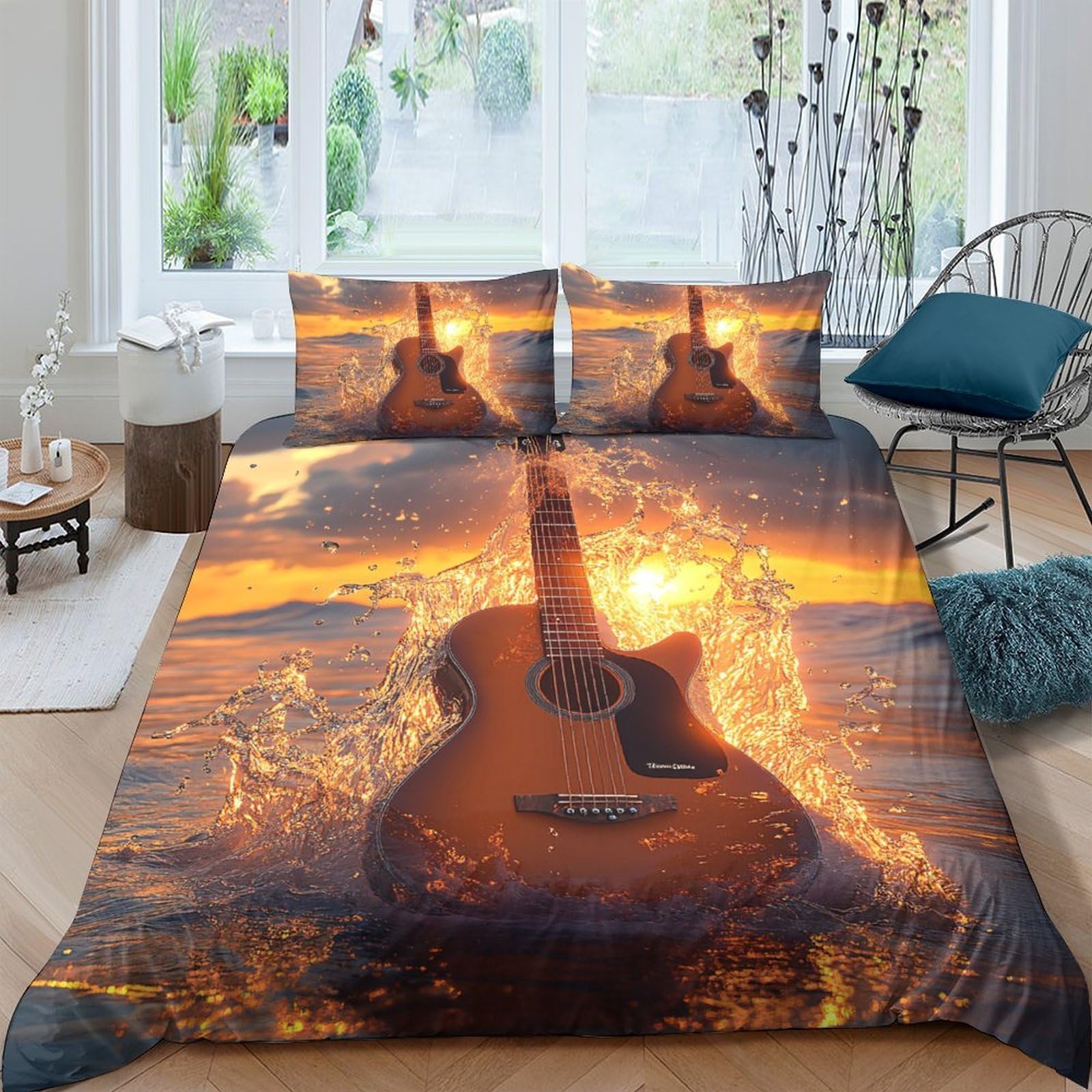 GPLZQXKJNH 3D Printed Sunset Guitar Duvet Cover Microfiber Soft Breathable Ocean Bedding Set with 2 Pillowcases for Bedroom Decor Single（135x200cm）