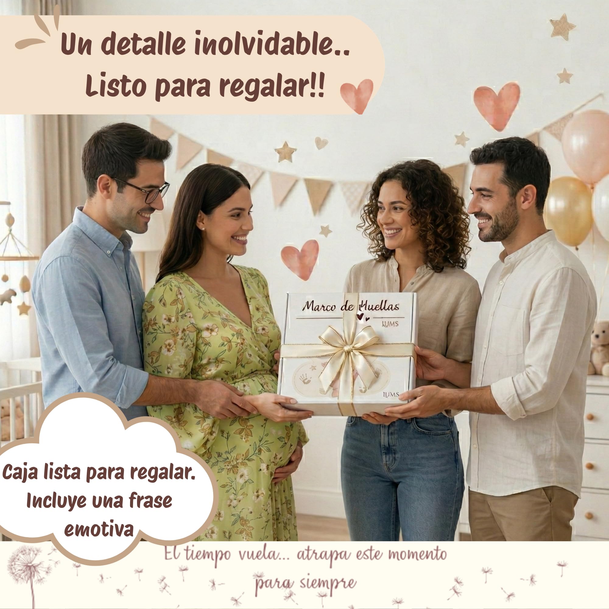 LUMS Marco Huellas Bebé Recién Nacido - Kit de Huella con Arcilla Flexible que No se Agrieta - Madera Blanca de excelente acabado, Regalo Bebé Recién Nacido Original