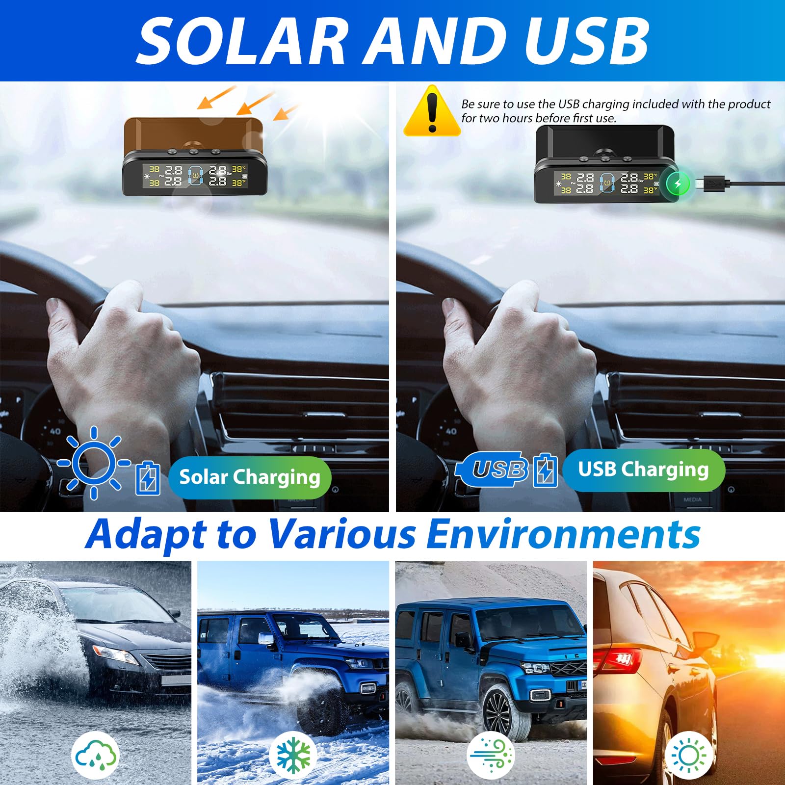 Système de Surveillance de la Pression des Pneus TPMS avec 4 Capteur Pression Pneu 0-6 Bar Charge Solaire et USB Surveillance en Temps Réel avec Alarme pour Voiture Camping-Cars Remorques