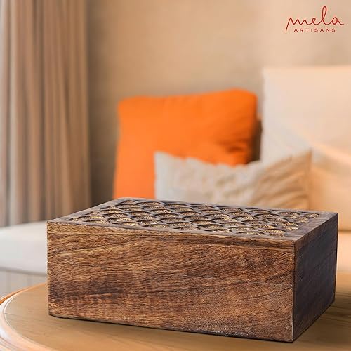 Miniatura 8 de Mela Artisans Caja de madera tallada de mango festoneada con tapa, caja mediana quemada extra grande, caja decorativa hecha a mano con tapa para uso