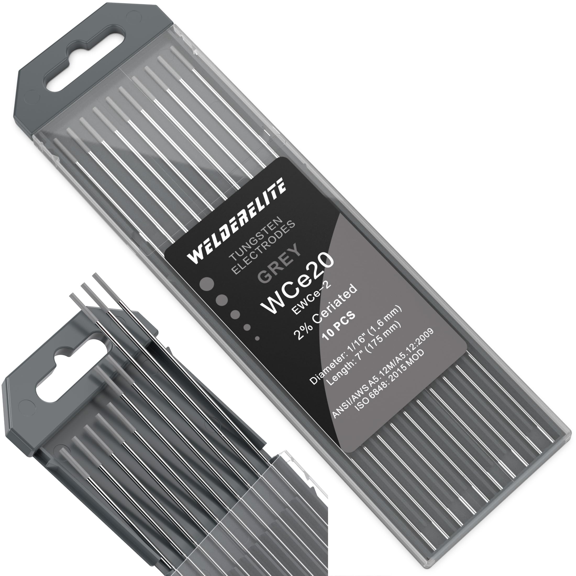 WelderElite TIG Welding Tungsten Electrode 10 Pack 1/16" × 7" (Gray - 2% Ceriated, WC20/EWCe-2) for AC/DC TIG Welding