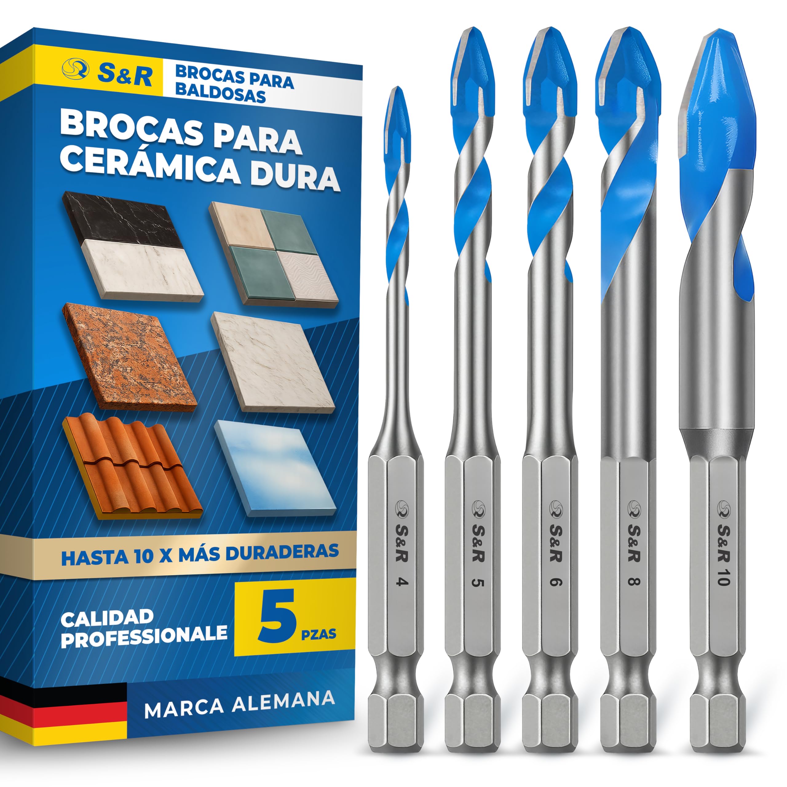 S&R Juego de Broca Azulejos Porcelanico Cerámica dura - Broca 4/5/6/8/10 mm - Broca para Porcelanico Azulejos Céramica Mármol Granito Vidrio. Brocas de Vástago hexagonal de 1/4