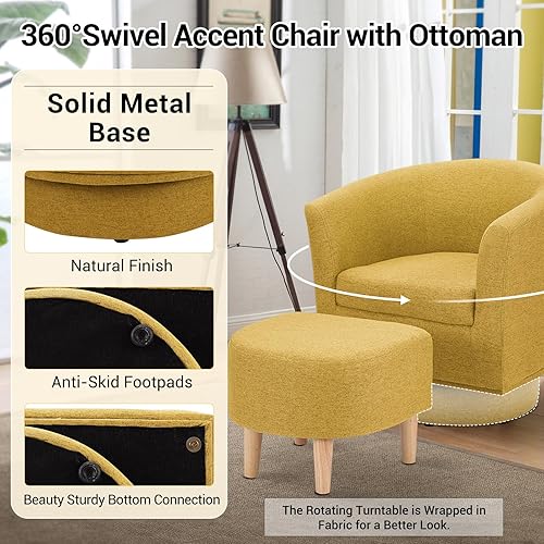 Miniatura 6 de DAZONE Silla giratoria con otomana, modernas sillas de barril de 360 para sala de estar, dormitorio, cómoda silla de lectura tapizada para bañera de