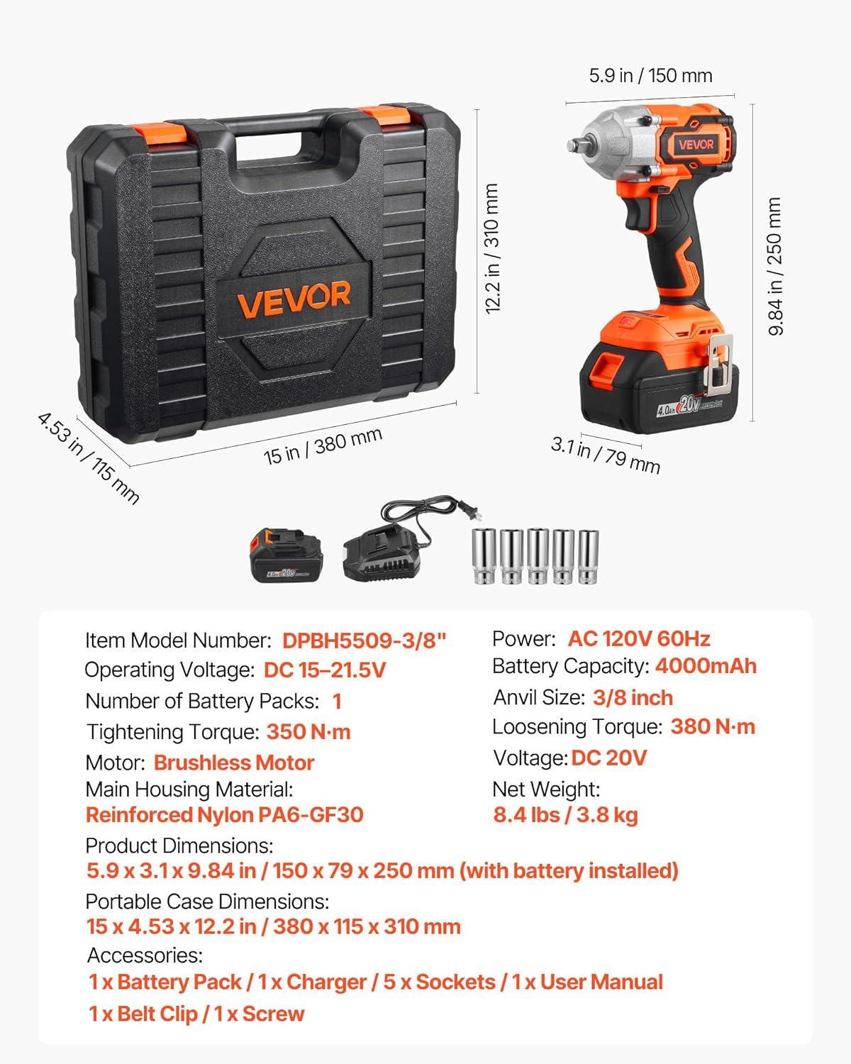 VEVOR Cordless Impact Wrench, 280 ft-lbs / 380 N·m High Torque, 3/8 inch, 20V Electric Impact Wrench with Brushless Motor, 4Ah Battery, Charger, 5 Sockets and Belt Clip, for Car Tire Truck DIY