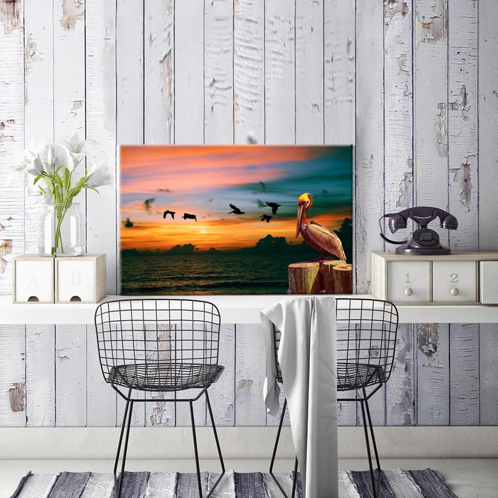 JIUJIUJIU Landschaft Wandkunst Malerei Wandbild Sonnenuntergang Nachglühen Meer Wasservogel Drucke &; Poster Leinwand Bilder Kunstwerk für Wohnkultur, 42 * 60 cm, gerahmt